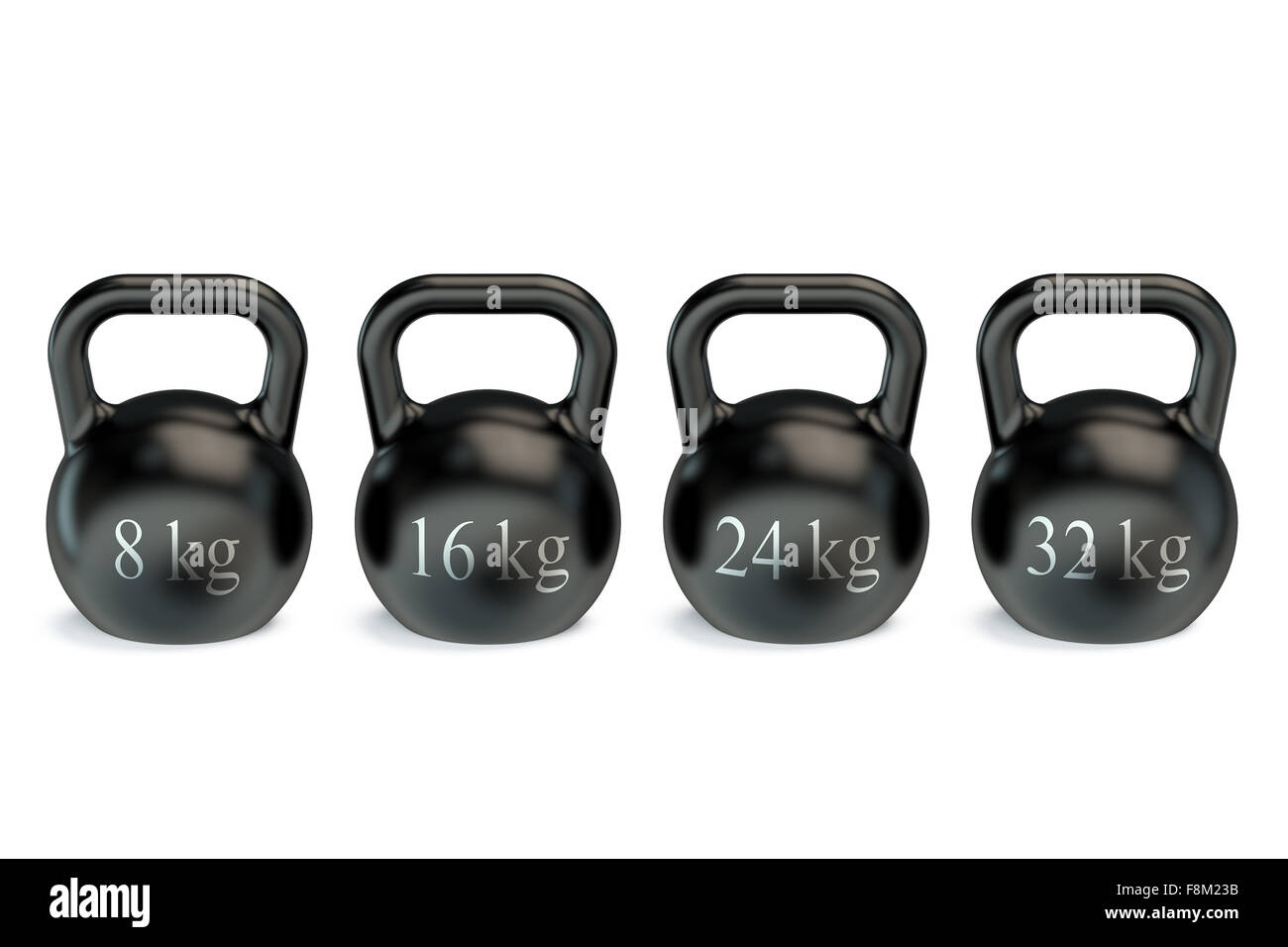 Set di kettlebells isolati su sfondo bianco Foto Stock