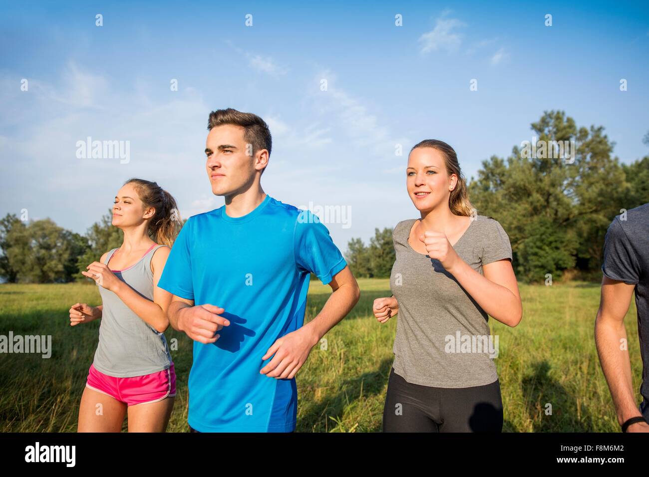 Gruppo di amici che corre attraverso il campo Foto Stock