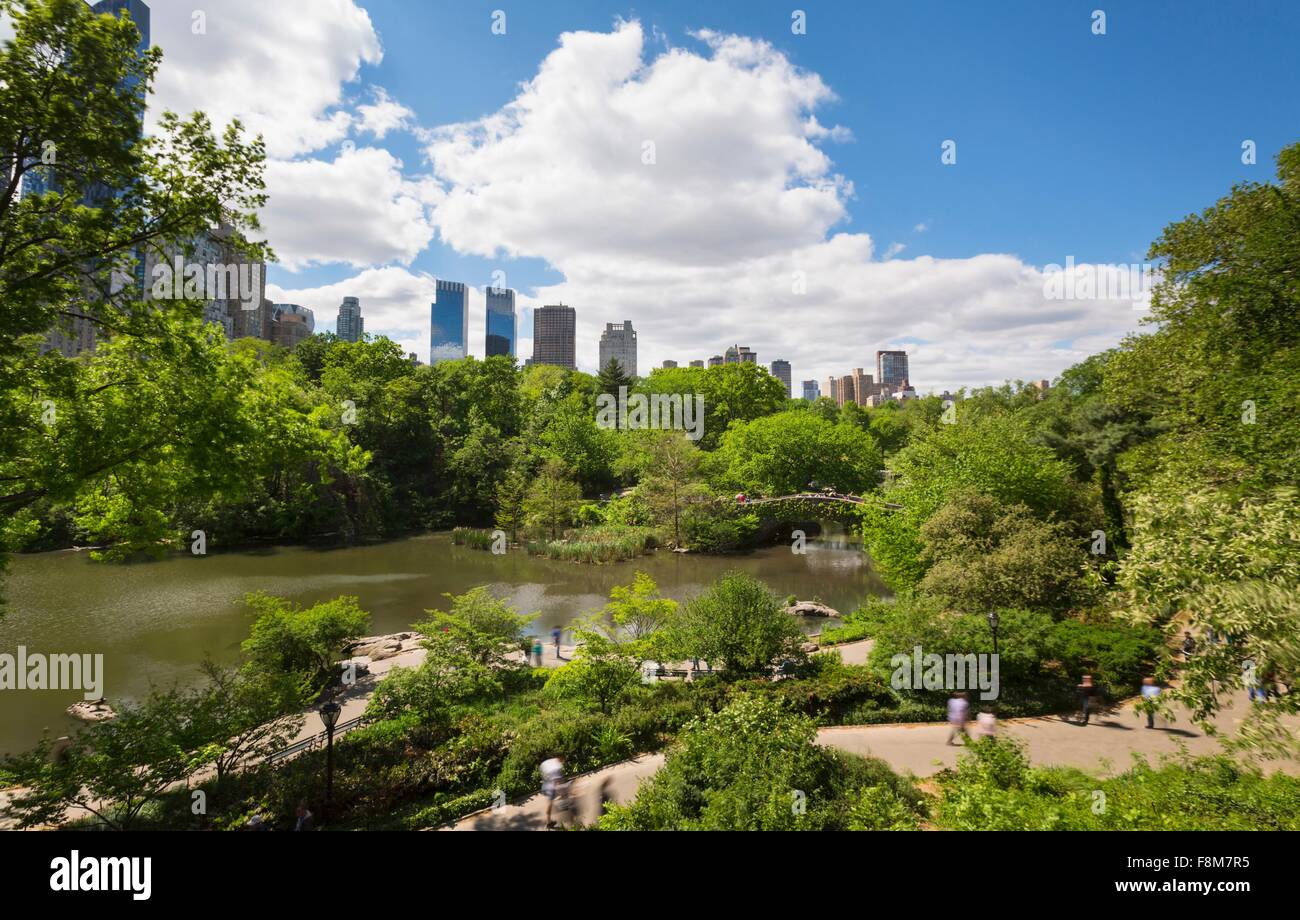 Vista in elevazione del Central Park Lake e dello skyline della città di New York, Stati Uniti d'America Foto Stock