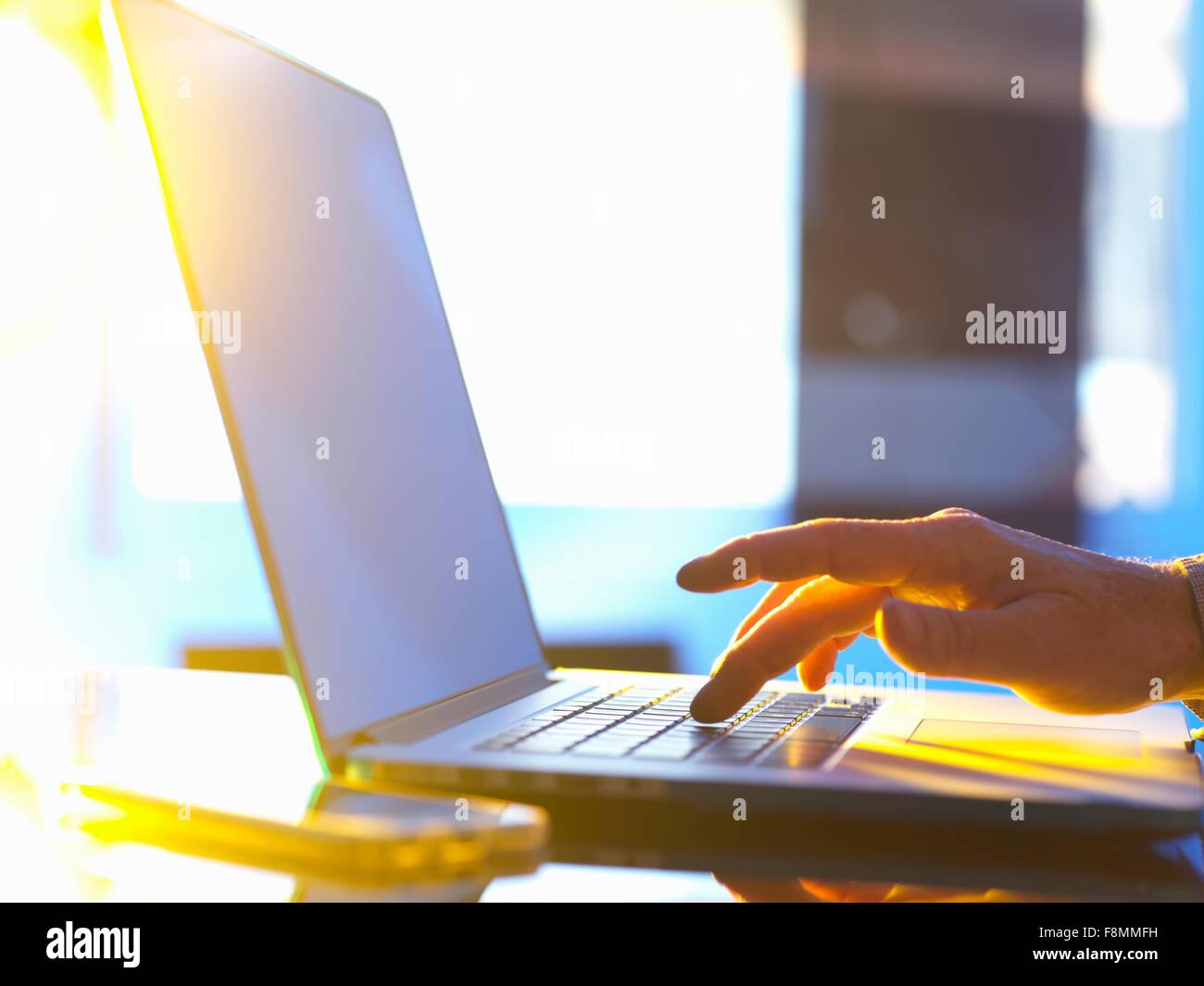 Imprenditore digitazione sul computer portatile in ufficio con la luce del sole proveniente attraverso la finestra Foto Stock