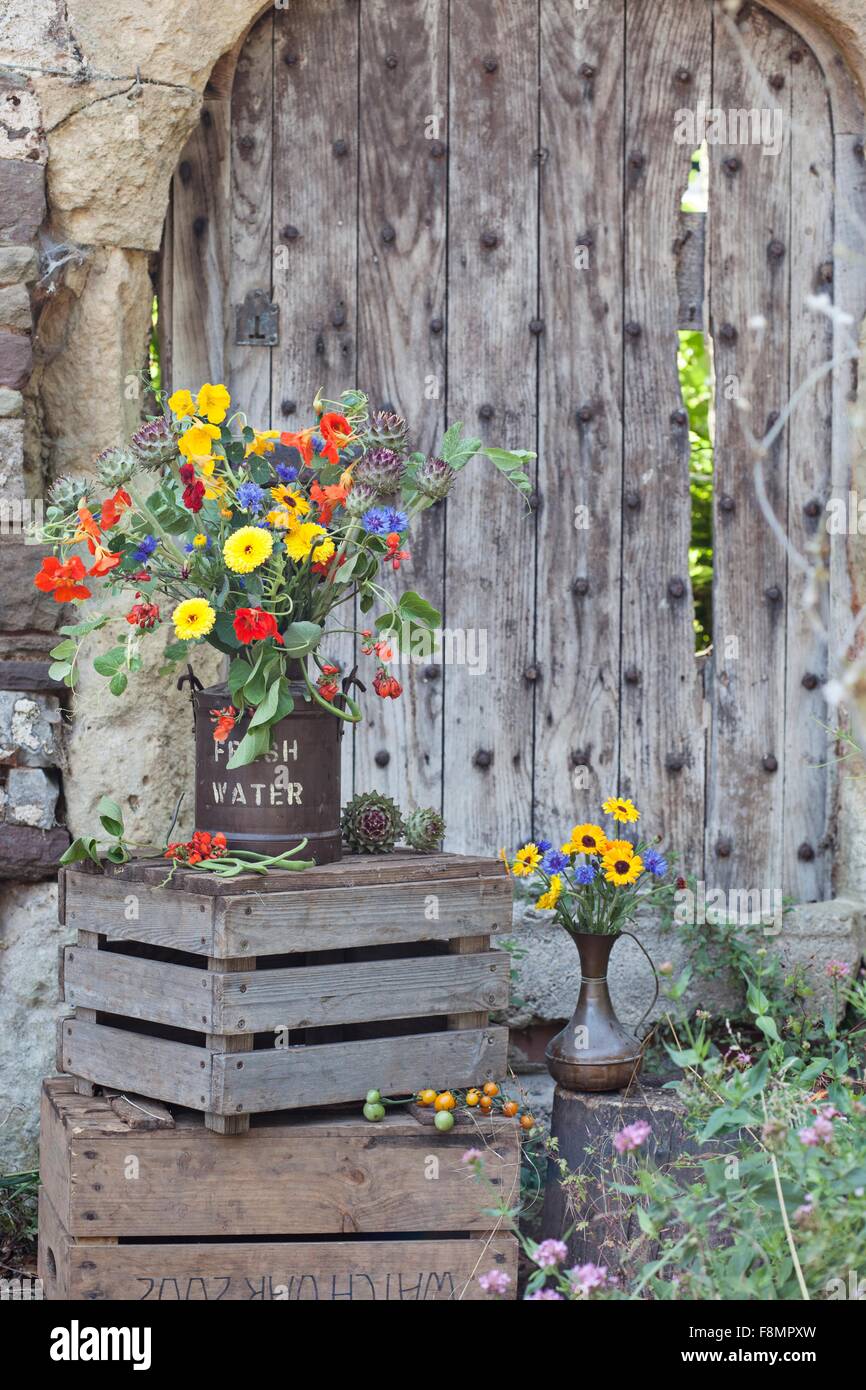 Fiori freschi in pentola, sulla gabbia in legno Foto Stock