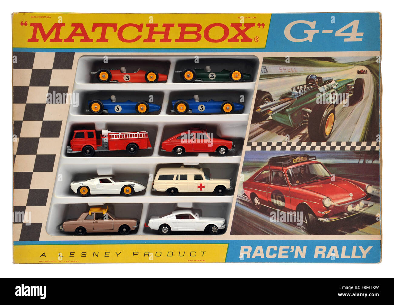 Bambini gara Matchbox 'n' Rally G4 boxed set giocattoli Foto Stock