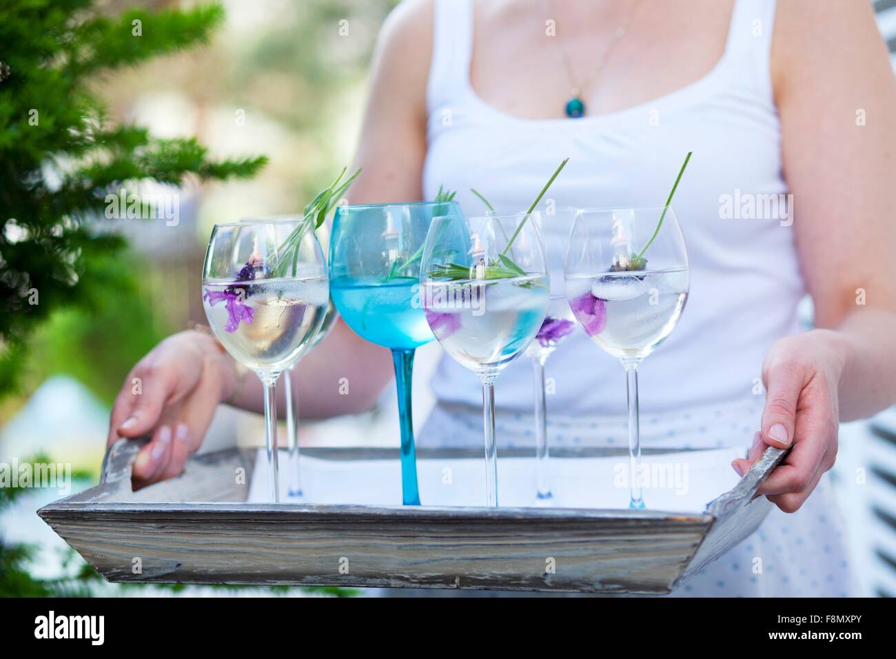 Signora tenendo un vassoio con diversi bicchieri di acqua di lavanda Foto Stock