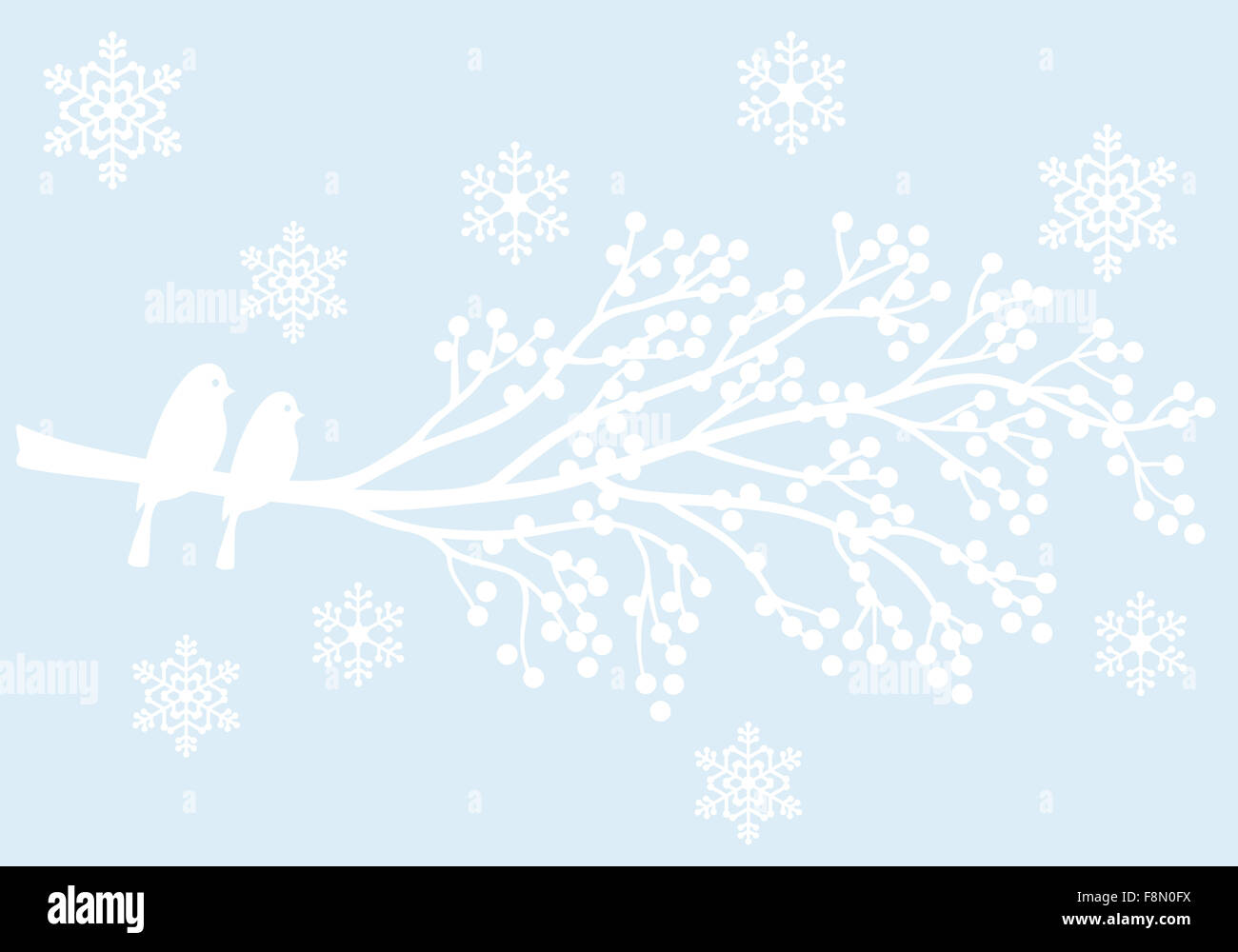 Inverno ramo di albero con bacche bianche e uccelli, illustrazione vettoriale Foto Stock