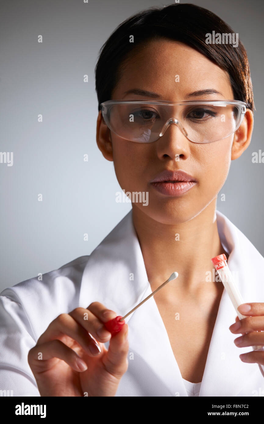 Donna scienziato la raccolta di campione di DNA sul bastoncino di cotone Foto Stock
