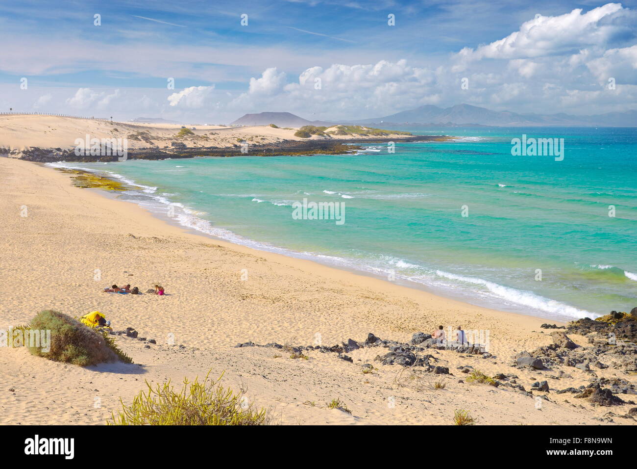 Spiaggia vicino a Corralejo, Parque Natural de Corralejo, isola di Fuerteventura, Isole Canarie, Spagna Foto Stock