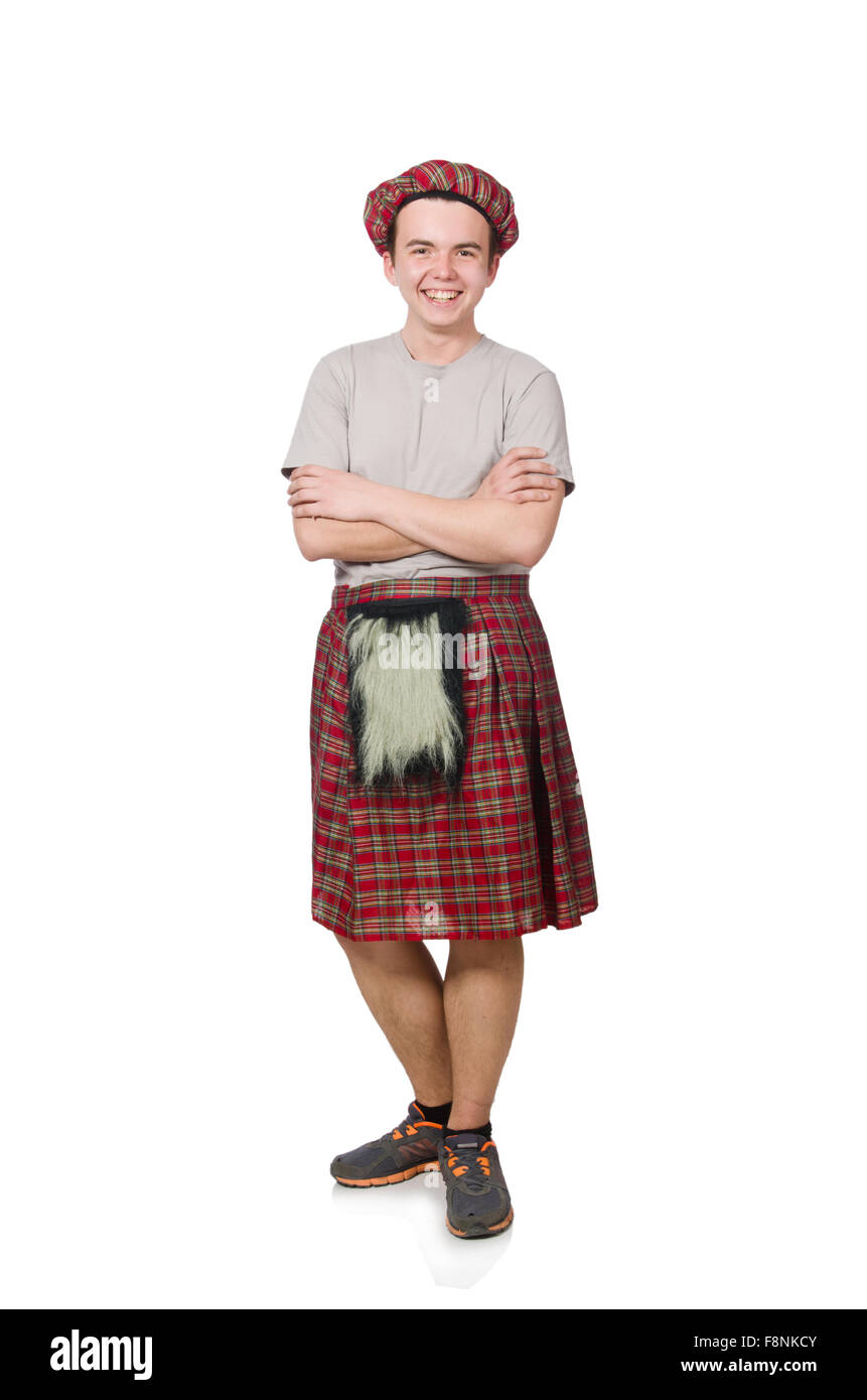 Funny scotsman isolato su bianco Foto Stock