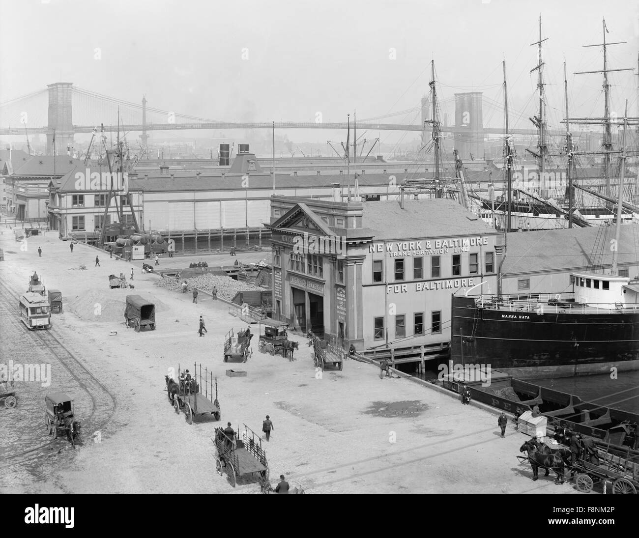 Piers lungo la strada del Sud con ponte di Brooklyn in background, New York City, Stati Uniti d'America, circa 1908 Foto Stock