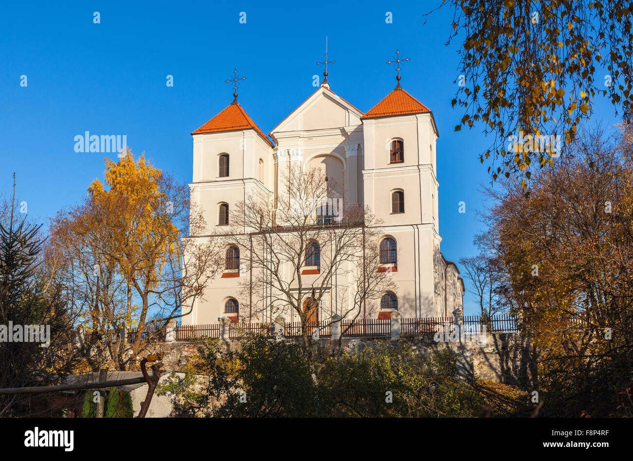 Chiesa della Visitazione della Beata Vergine Maria, Trakai, nel centro storico della città e il lago di resort in Lituania in una giornata di sole con un chiaro cielo blu senza nuvole Foto Stock