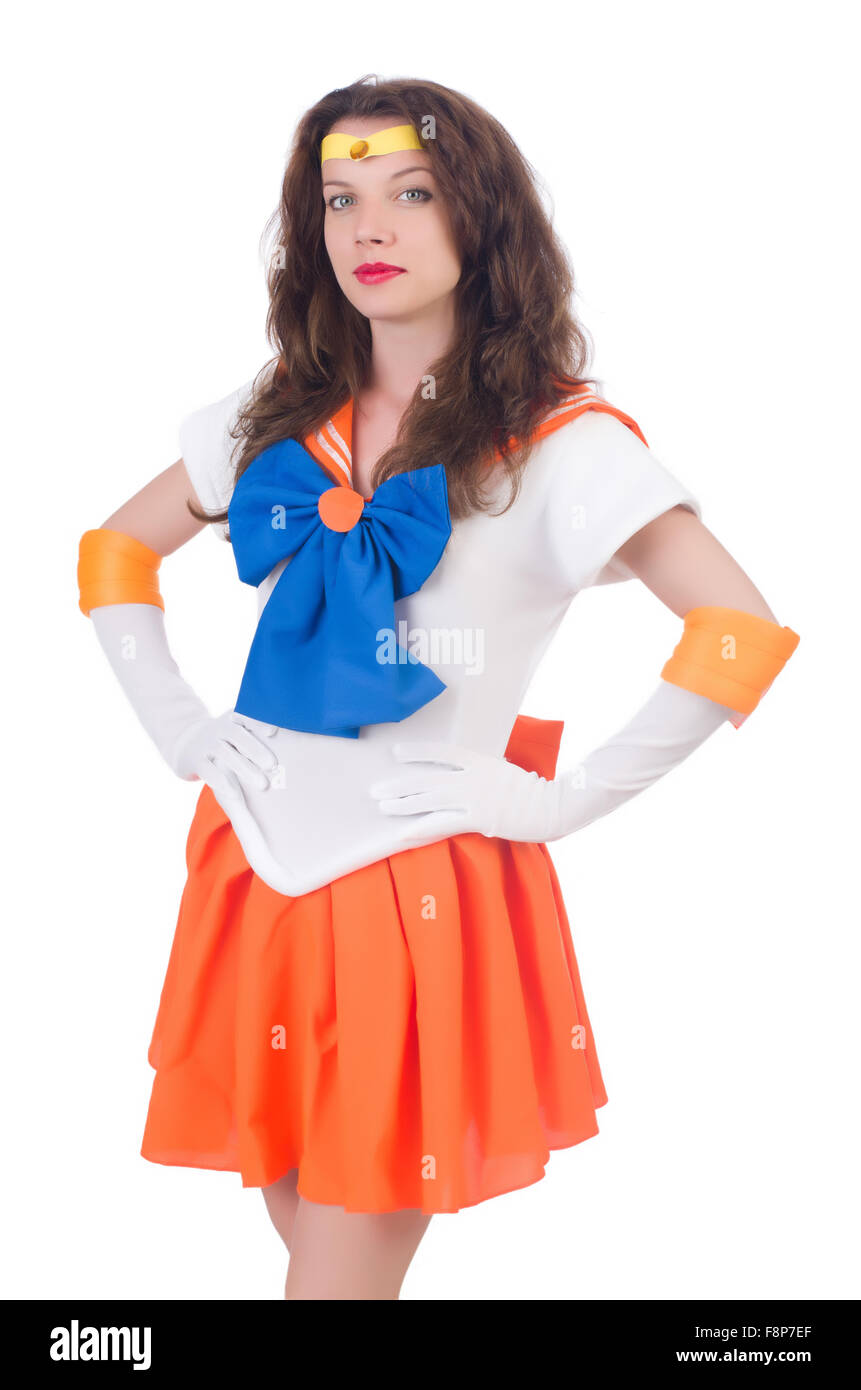 Modello indossa Sailor Moon suit isolato su bianco Foto Stock