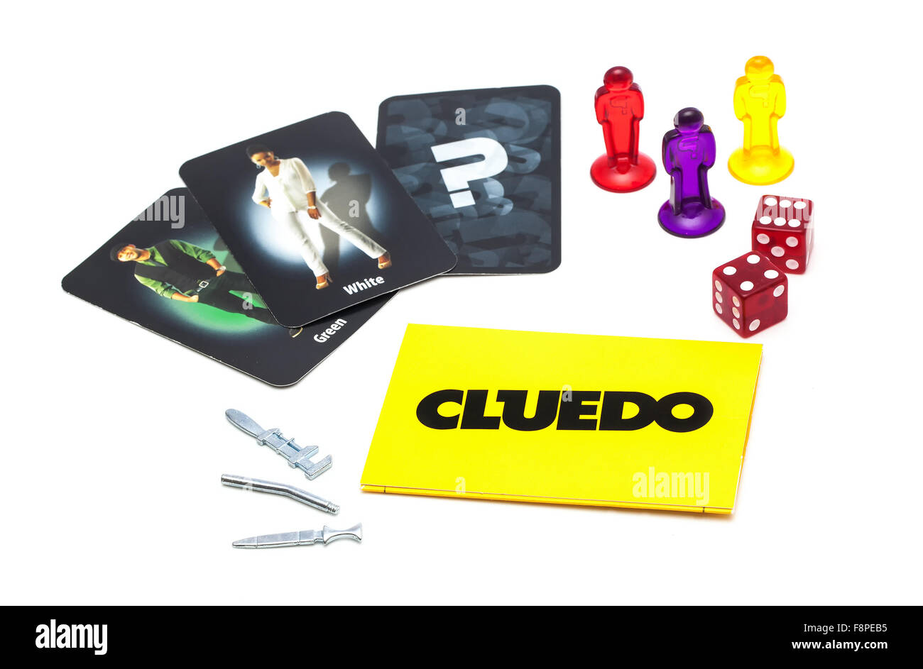 Cluedo Classic omicidio mistero gioco per tre a sei giocatori su sfondo bianco Foto Stock