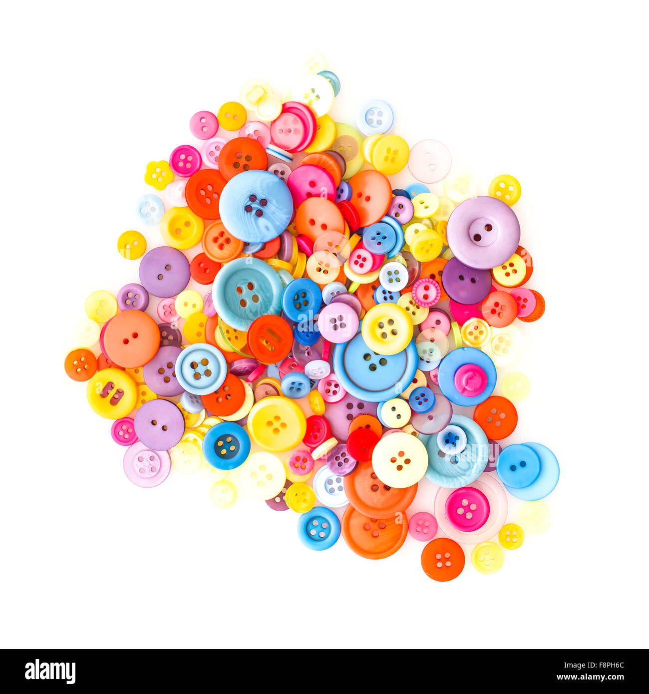 Raccolta di colorati pulsanti di cucitura su sfondo bianco. Foto Stock
