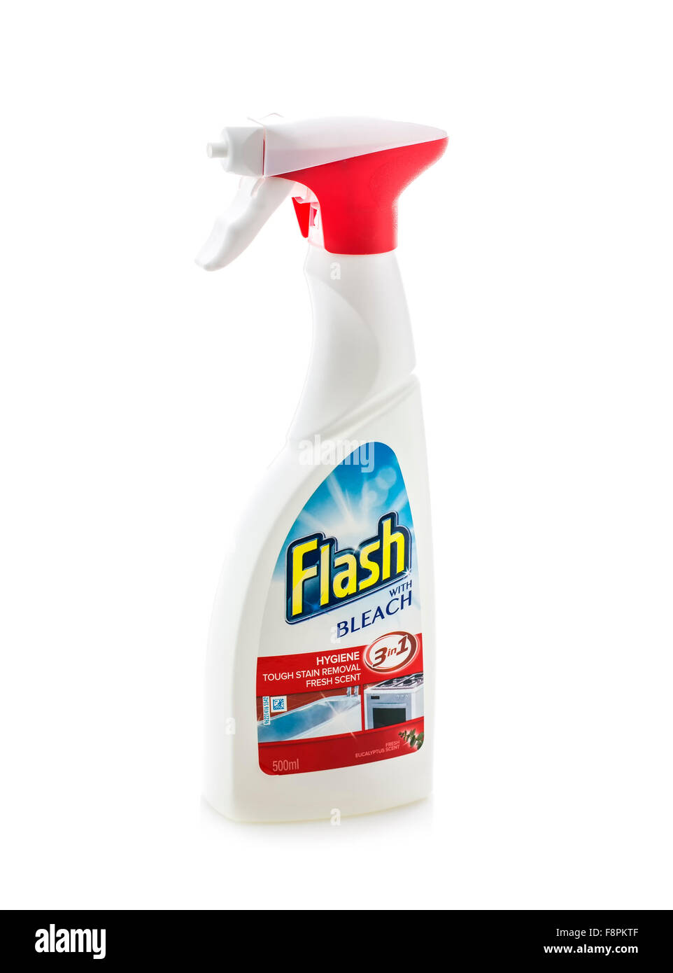 Candeggina Flash la bottiglia spray su sfondo bianco Foto Stock