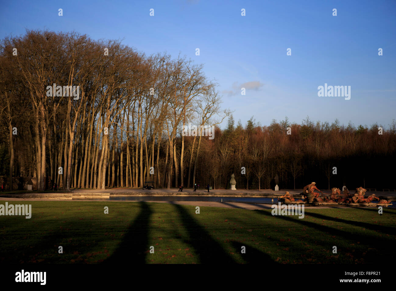 Nel tardo pomeriggio sole colpisce la fontana di Apollo nei giardini del Palazzo di Versailles, nella periferia di Parigi, Francia Foto Stock