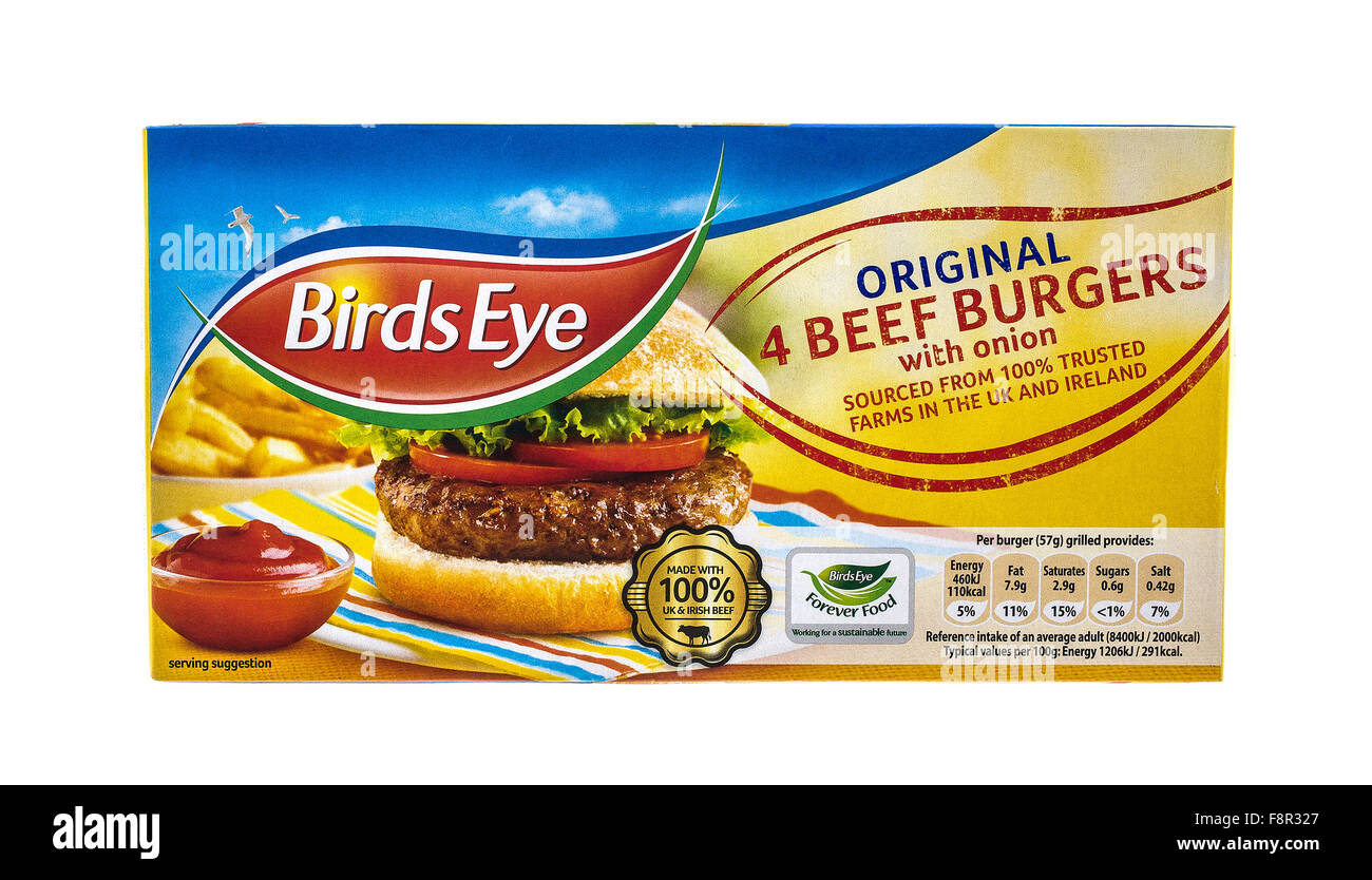 Pacchetto di Birds Eye Hamburger di manzo su sfondo bianco Foto Stock