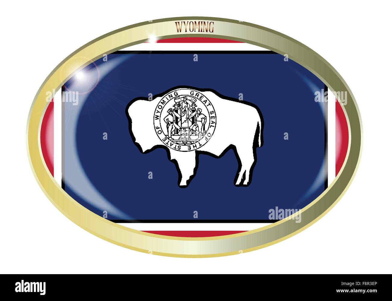 Metallo ovale pulsante con la bandiera del Wyoming isolato su uno sfondo bianco Illustrazione Vettoriale