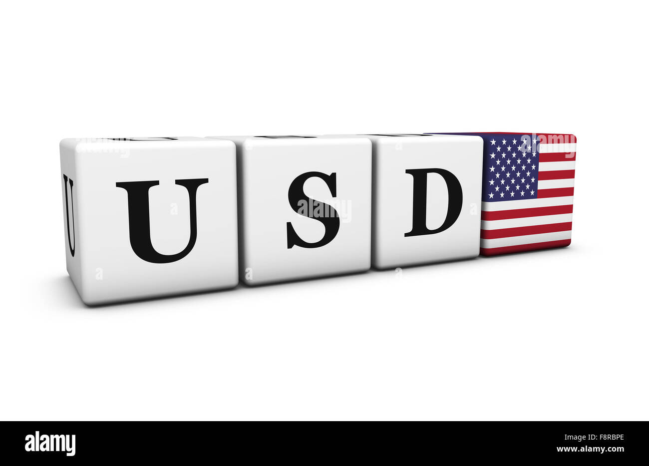 I tassi di cambio, exchange stock market e trading finanziario con il concetto di dollari usd segno di codice e noi bandiera su cubetti. Foto Stock