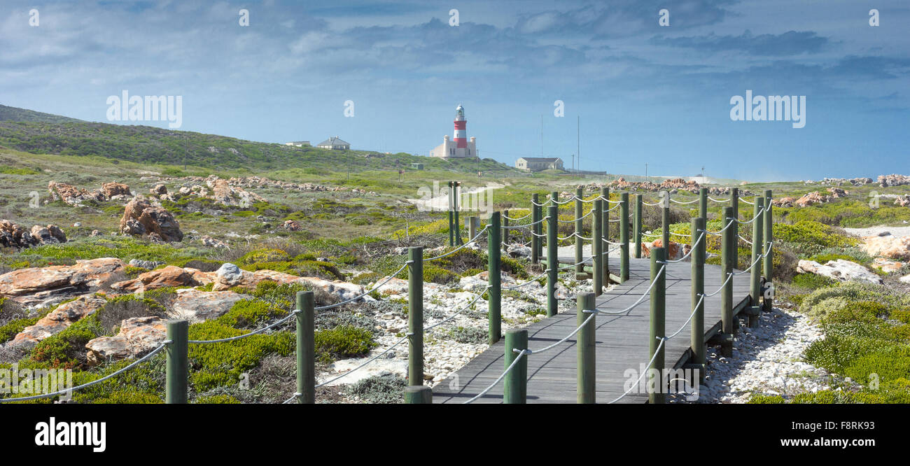 Passerella in legno vicino a Cape agulhas faro, Western Cape, Sud Africa Foto Stock