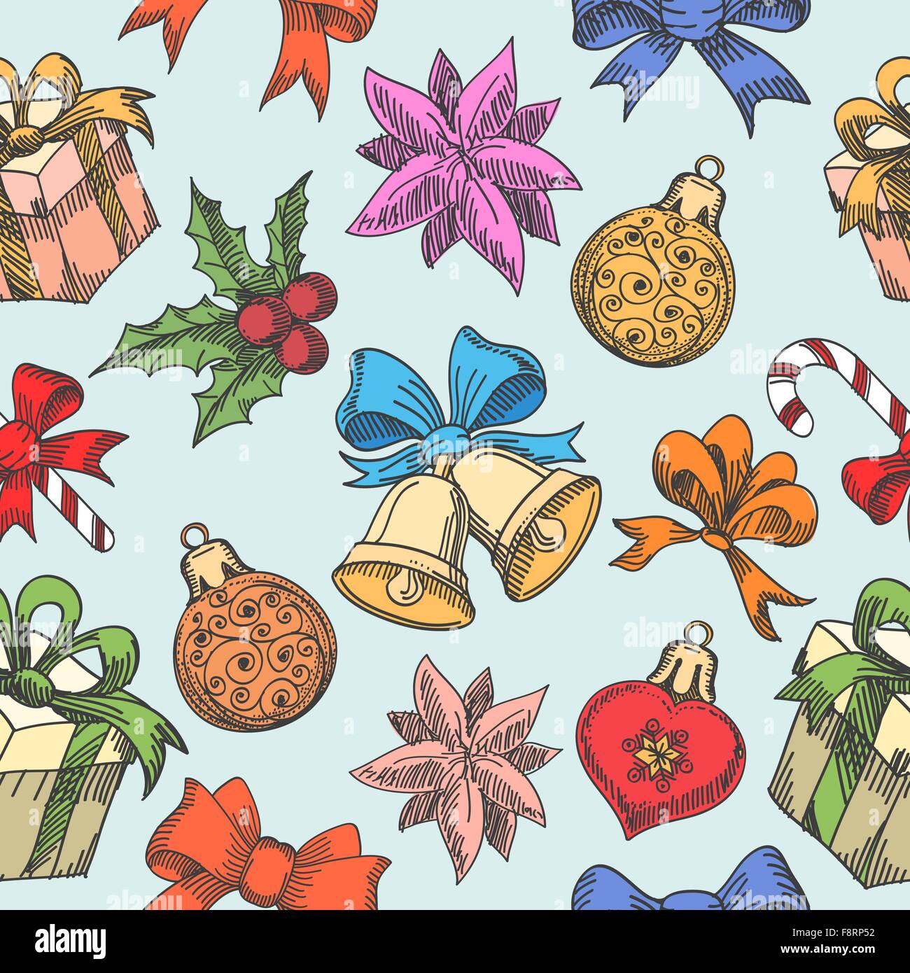 Simboli di Natale Seamless Pattern. Confezioni regalo, giocattoli, caramelle, campane e legami. Illustrazione Vettoriale