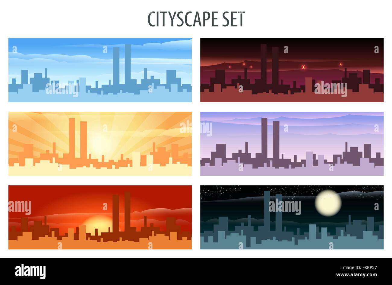 Abstract city scape scena insieme. La luce diurna, crepuscolo, la mezzanotte, sera, il tramonto e la vista di sunrise. Illustrazione Vettoriale