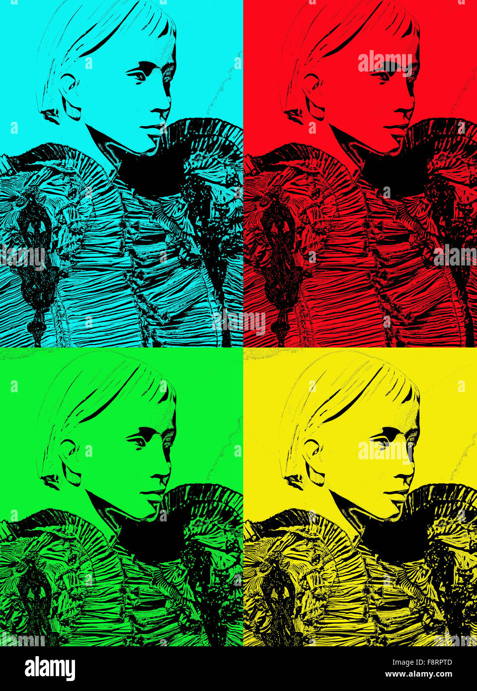 Ritratto creativo di un manichino moltiplicato per quattro volte vestito in una camicetta increspato. Altered digitalmente foto- Arte e illustrazione. Foto Stock