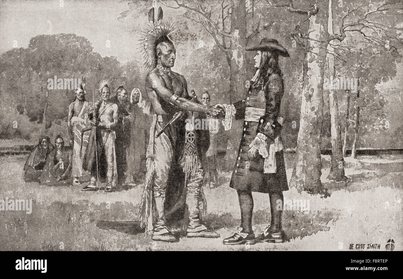 William Penn arriva nelle aree montane, Chester, Provincia di Pennsylvania nel 1682. William Penn, 1644 - 1718. Inglese immobiliare di imprenditore, filosofo, inizio Quaker e fondatore della Provincia della Pennsylvania, l'inglese North American Colony. Foto Stock