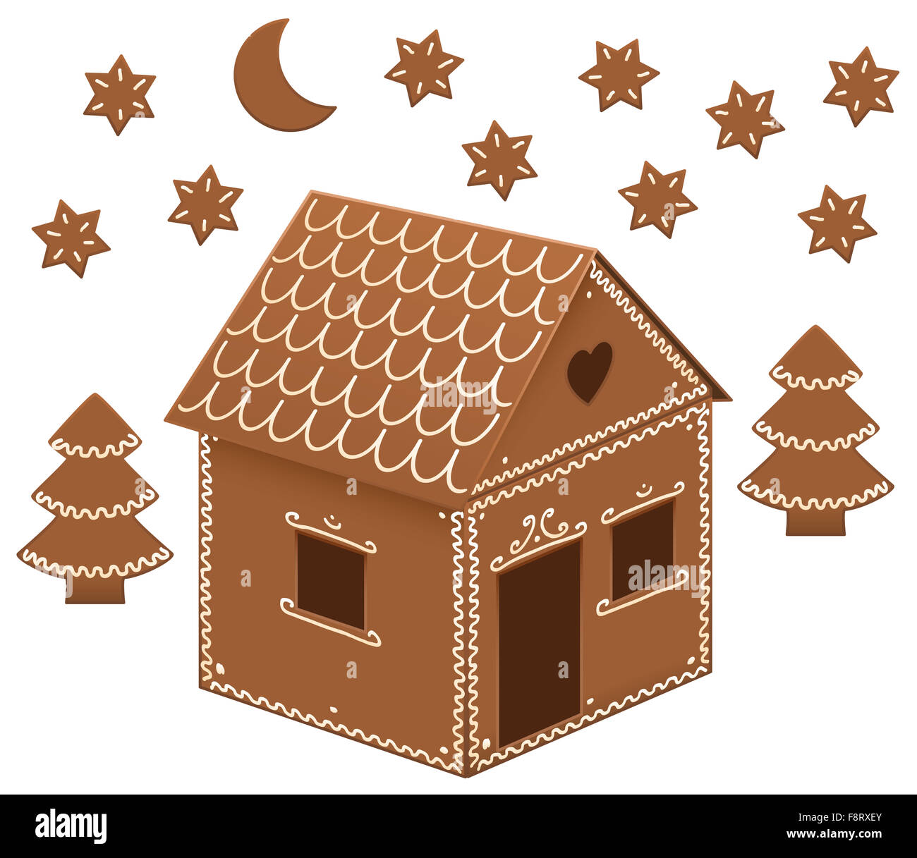 Gingerbread house con alberi, la luna e le stelle. Immagine su sfondo bianco. Foto Stock