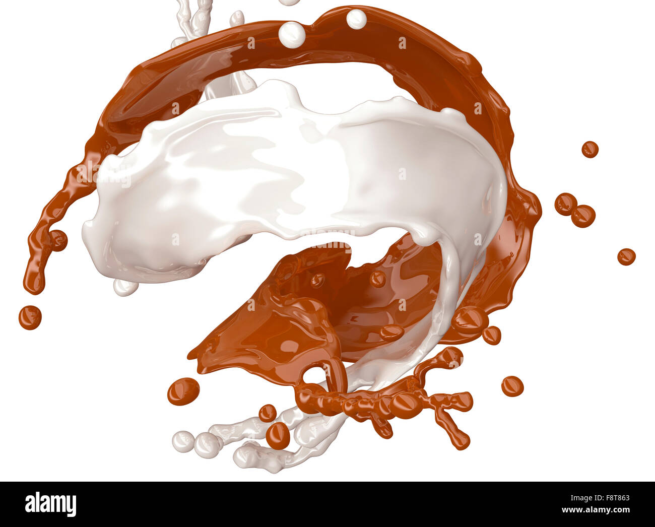 Spruzzi di cioccolato bianco e marrone con percorso di clipping. Foto Stock