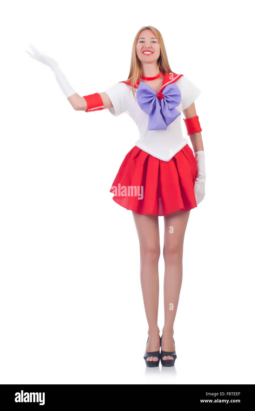 Una ragazza in Sailor Moon suit isolato su bianco Foto Stock