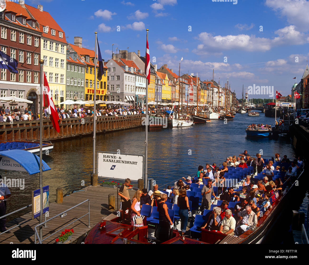 I turisti su imbarcazioni da diporto, Nyhavn, Copenhagen, Danimarca Foto Stock