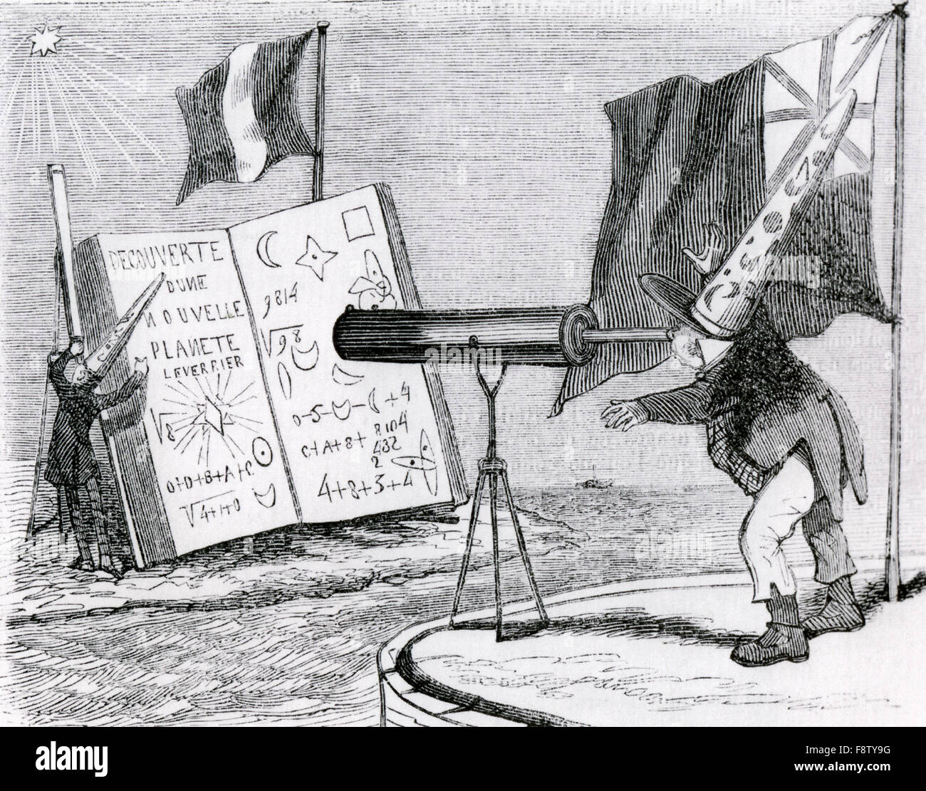URBAIN LE VERRIER (1811-1877) incisione dalla rivista francese L'illustrazione nel 1846 satirising astronomo inglese John Couch Adams a destra usando un telescopio per leggere l'annuncio di Le Verrie in seguito alla scoperta del Nettuno che ha contestato. Le Verrie mostrata a sinistra osservando l'impianto. Foto Stock