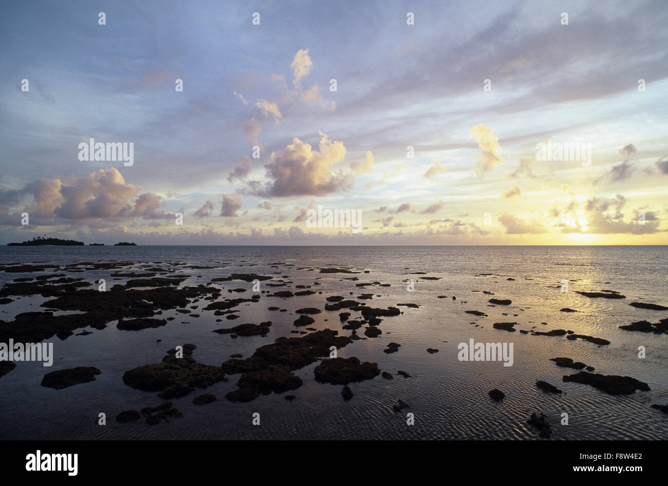 Isole Fiji, Viti Levu, Jean-Michel Cousteau, Isole Fiji Resort, tramonto, oceanscape Foto Stock