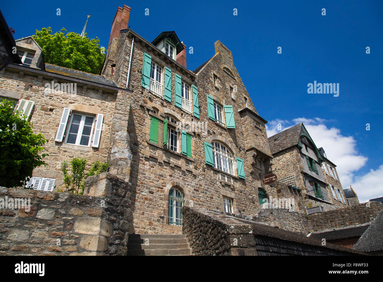 Antiche costruzioni di Le Mont Saint Michel, in Normandia, Francia Foto Stock