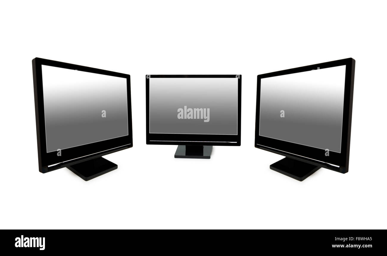 Nero tre monitor lcd isolato sul bianco Foto Stock