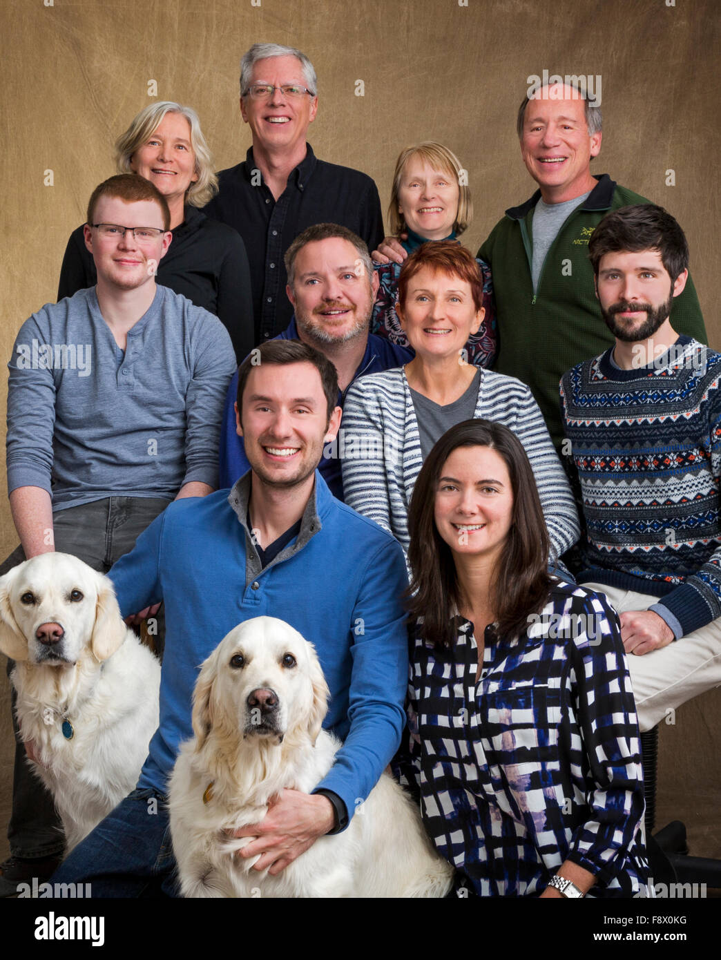 Ritratto in studio della famiglia include tre sorelle, i coniugi e i figli adulti e due color platino Golden Retriever cani Foto Stock