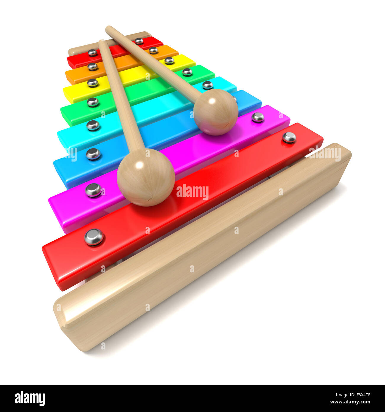 Xilofono arcobaleno con tasti colorati e con due tamburo di legno bastoni. 3D render isolati su sfondo bianco. Giocattolo di legno Foto Stock
