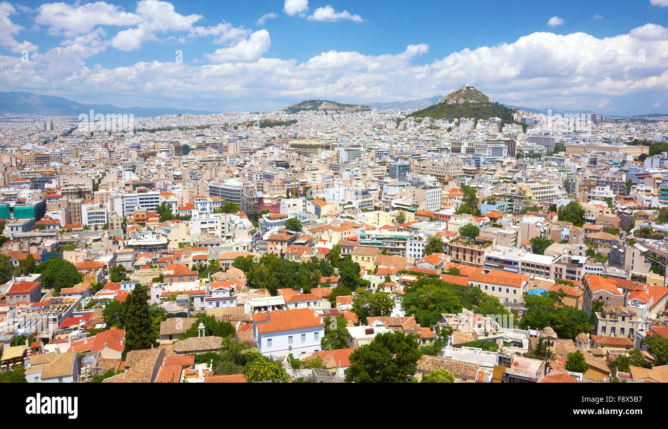 Atene - aerial panorama dell'Acropoli di Atene e Lykavittos hill, Grecia Foto Stock