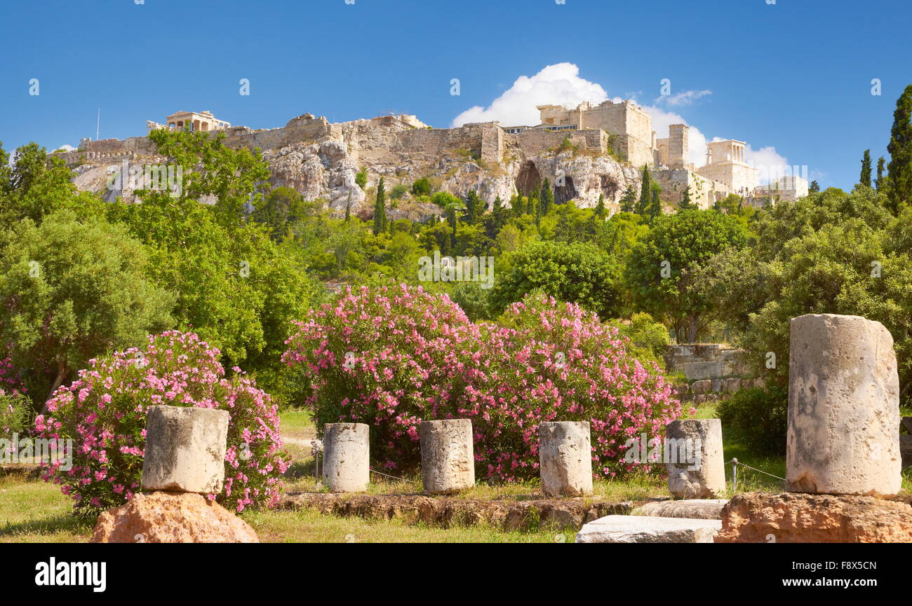 Vista dell'Acropoli dalla antica agora, Atene, Grecia Foto Stock