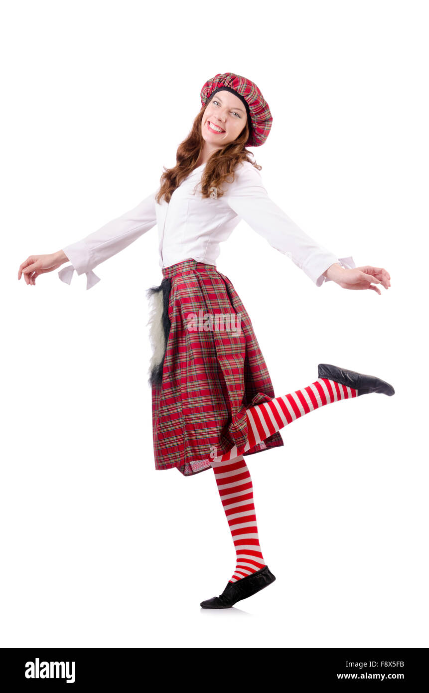 Giovane donna nel tradizionale abbigliamento scozzese Foto Stock