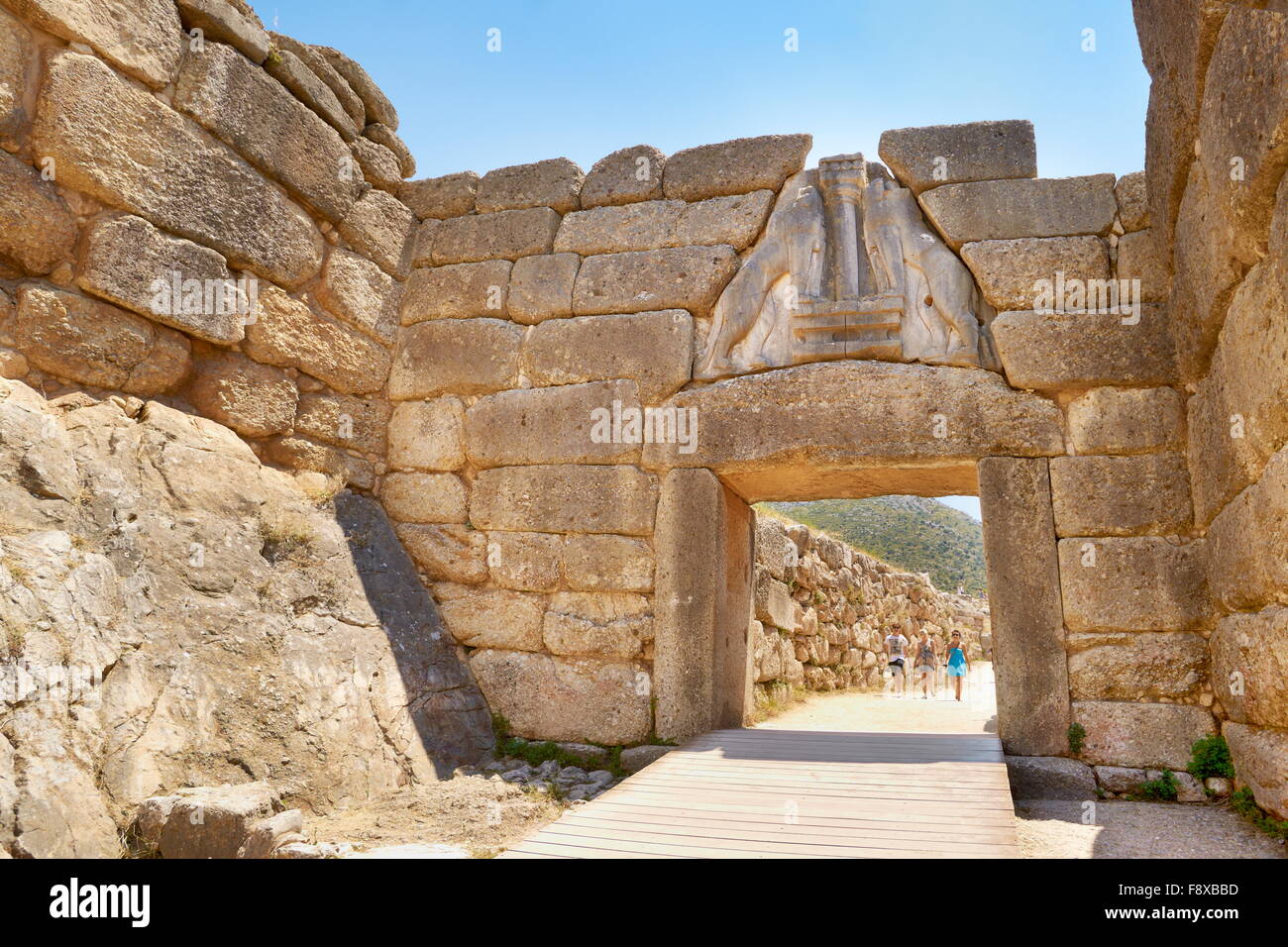 Antica città di Micene, la Porta del Leone di parete attorno il Palác Akropolis di Mykene, Peloponneso, Grecia Foto Stock