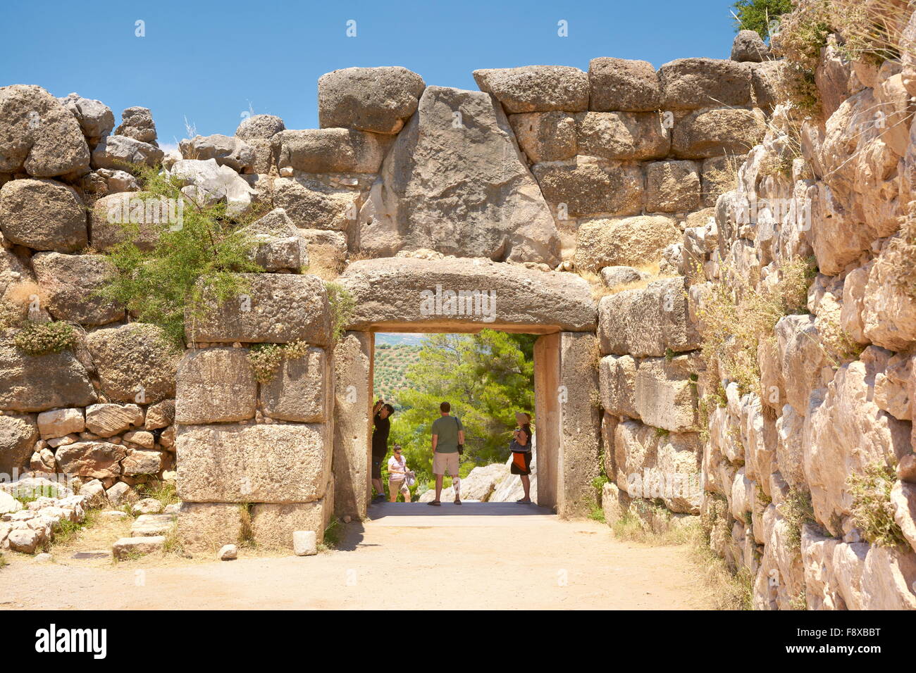 Antica città di Micene, la Porta del Leone di parete attorno il Palác Akropolis di Mykene, Peloponneso, Grecia Foto Stock