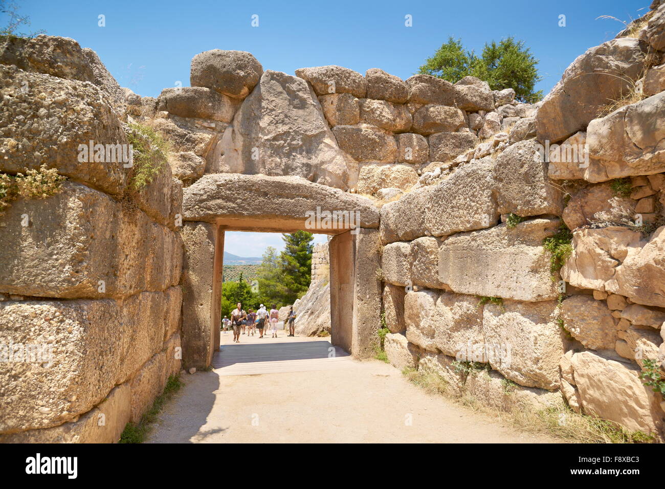 Antica città di Micene, Liongate parete attorno il Palác Akropolis di Mykene, Peloponneso, Grecia Foto Stock
