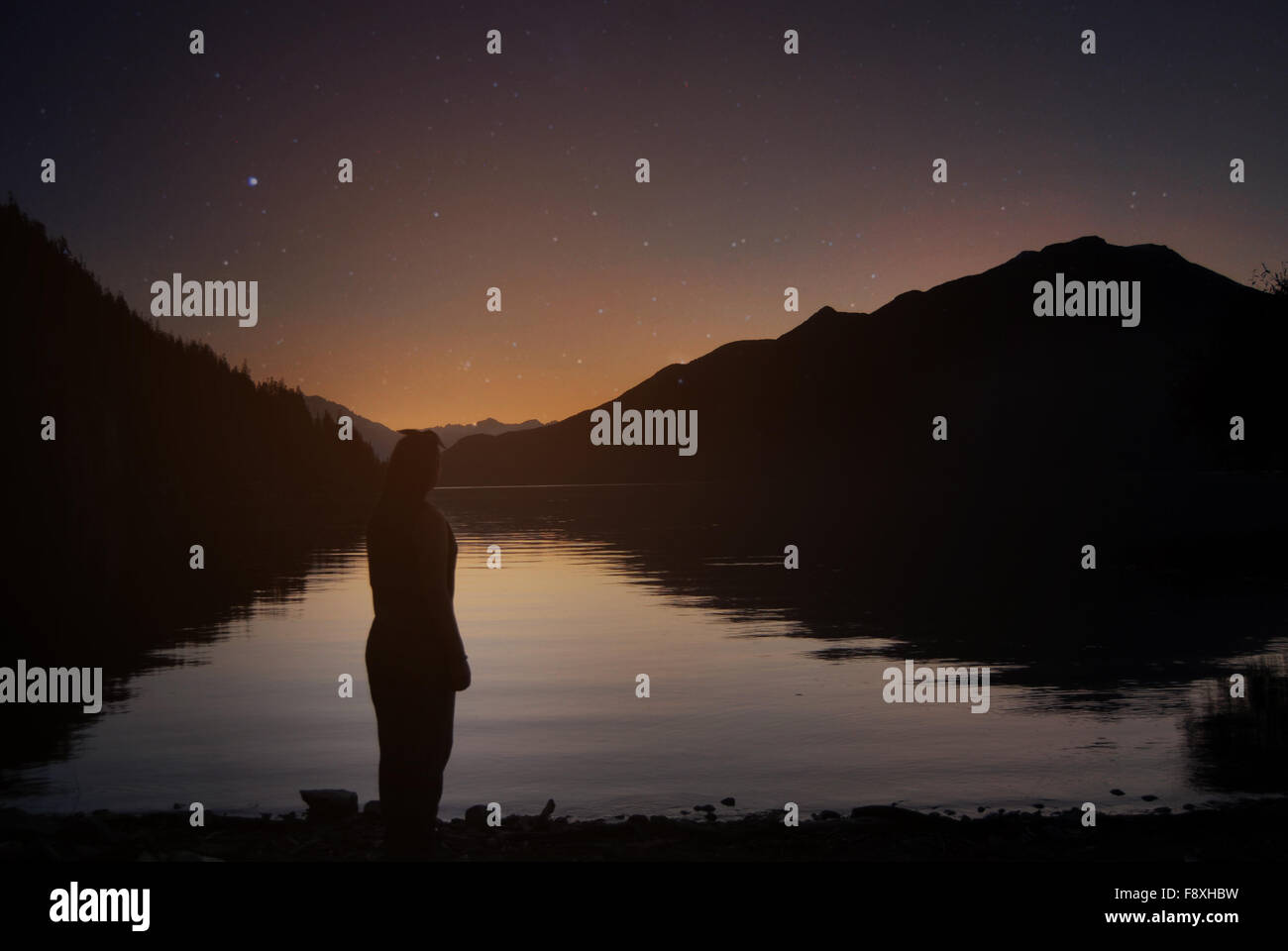 Silhouette nella notte oscura la visione di un tramonto con un cielo stellato montagne e lago di notte estiva Foto Stock