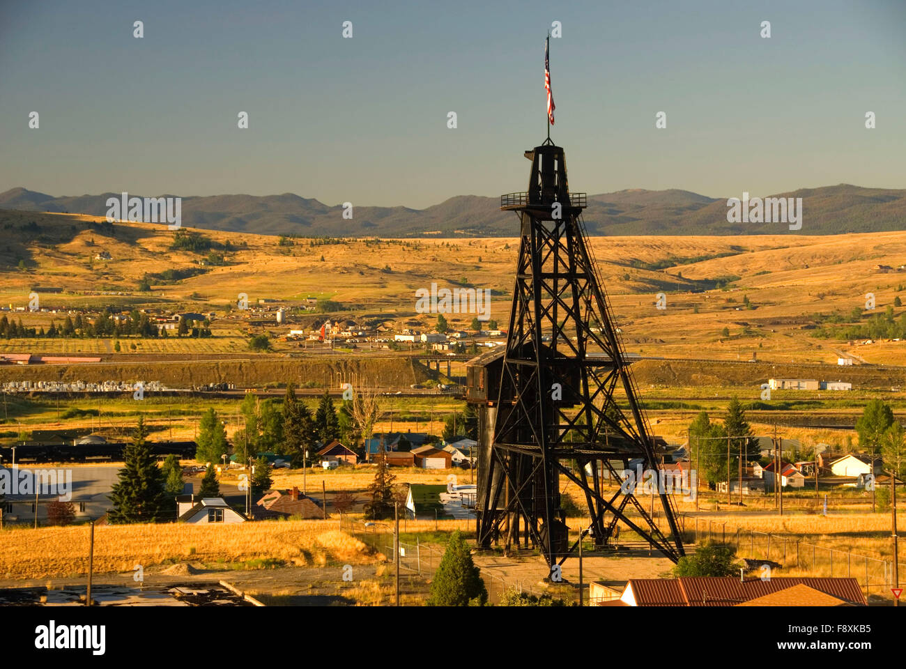 Miniera Travona Headframe (patibolo), Butte, Montana Foto Stock