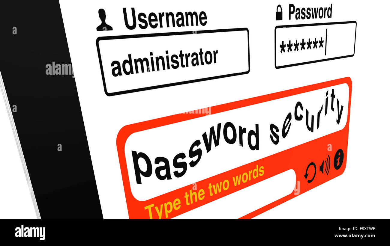 Immissione della password di schermo con illustrazione Captcha Foto Stock