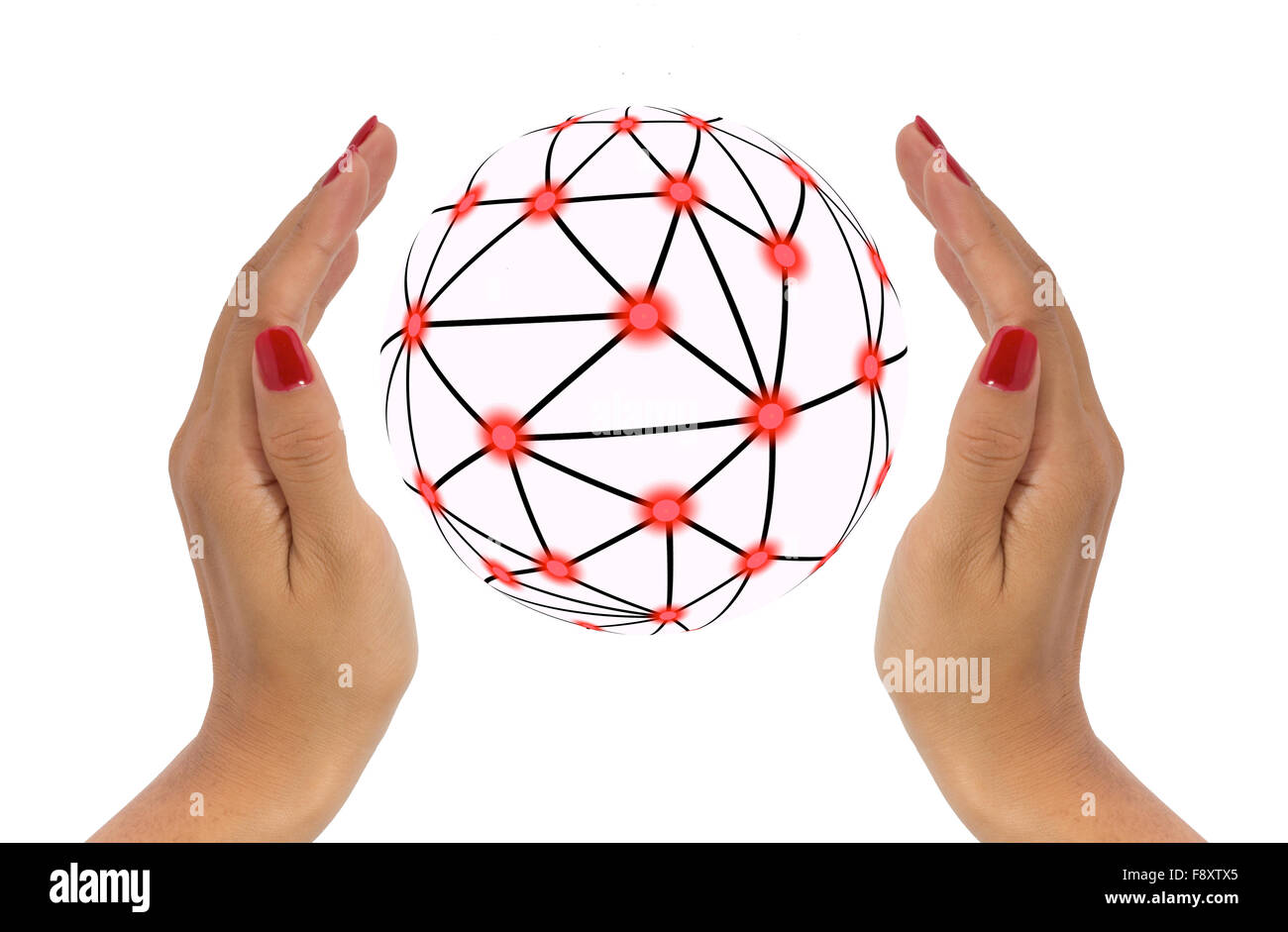 Proteggere il concetto di rete con due mani che racchiude una sfera digitale Foto Stock