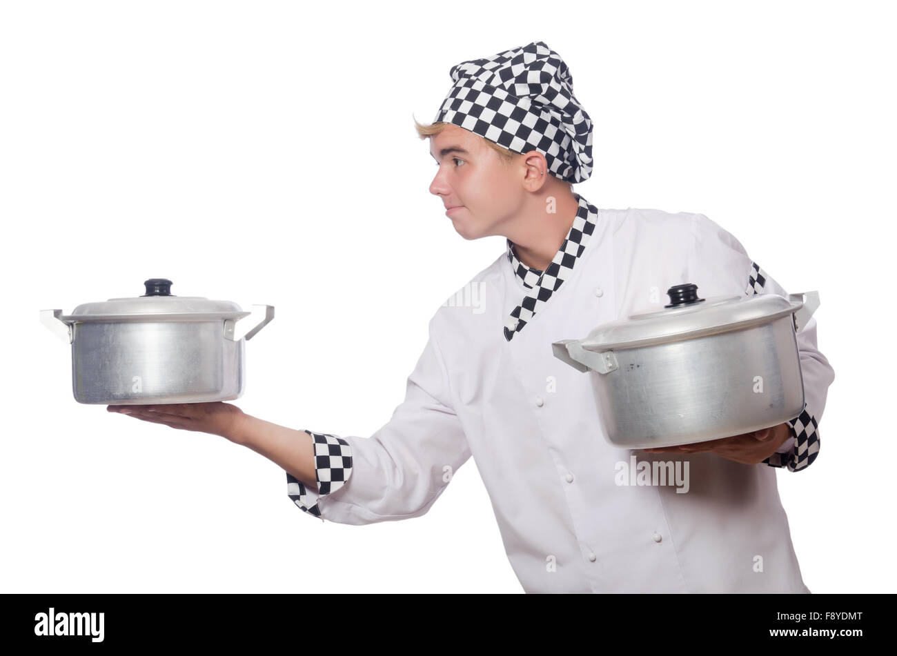 Divertenti cuoco maschio isolato su bianco Foto Stock