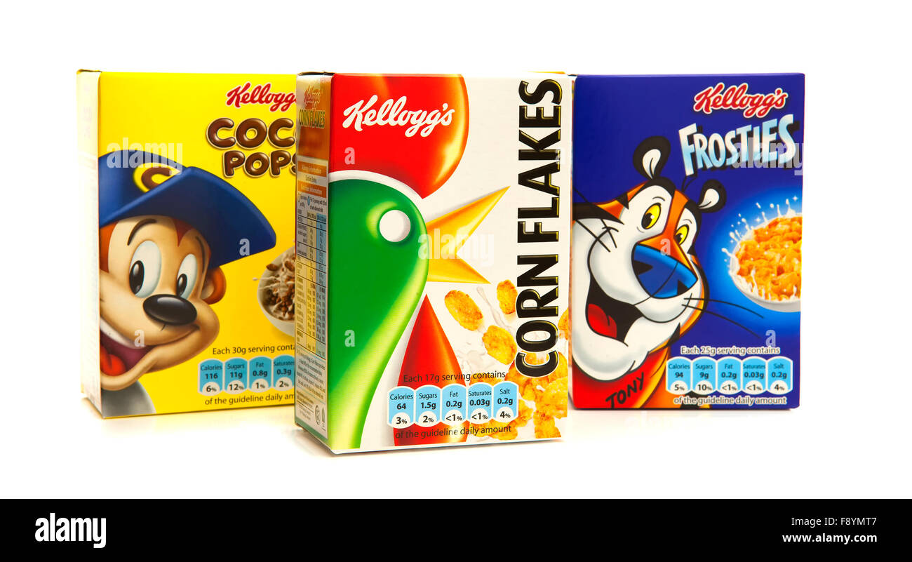 Cereali Kelloggs su sfondo bianco Foto Stock
