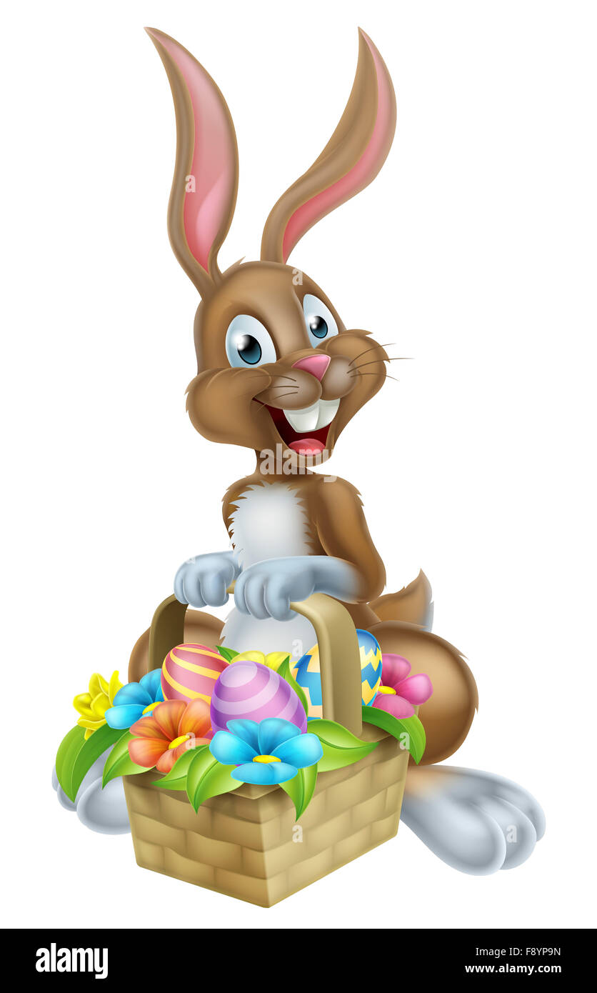 Cartoon coniglietto di Pasqua il coniglio di trattenimento di un uovo di pasqua basket, potrebbero essere su un cioccolato Uovo di Pasqua Caccia Foto Stock