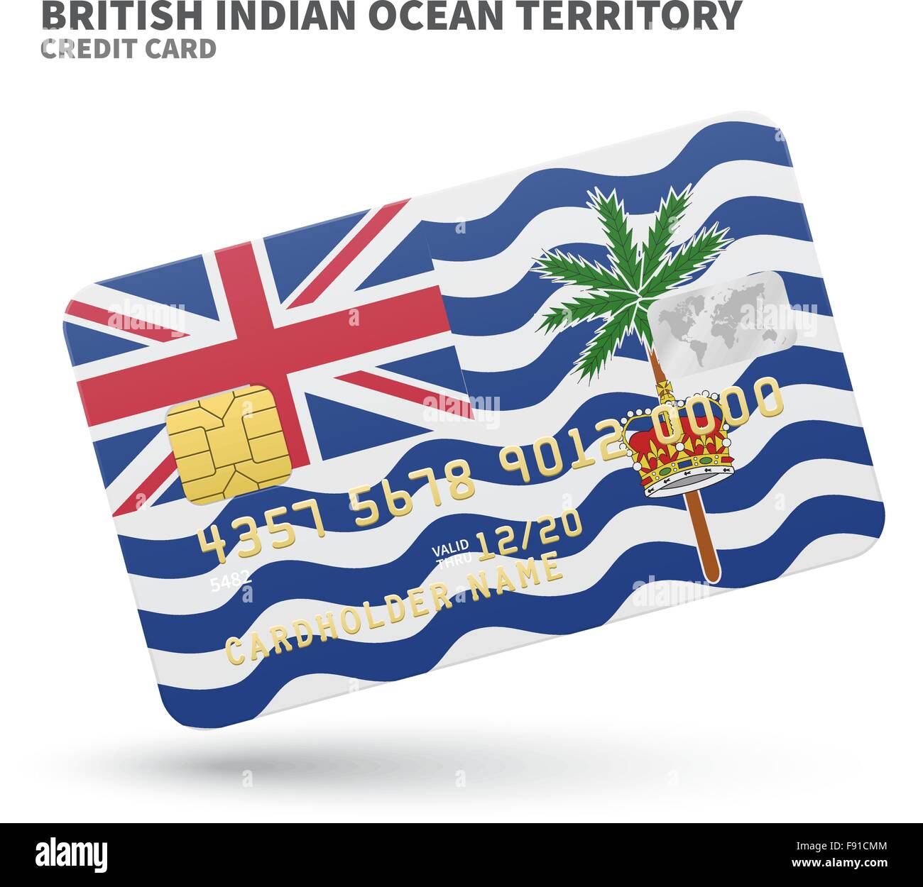 Carta di credito con Territorio britannico dell'Oceano Indiano bandiera sfondo per la banca, presentazioni e business. Isolato su bianco Illustrazione Vettoriale